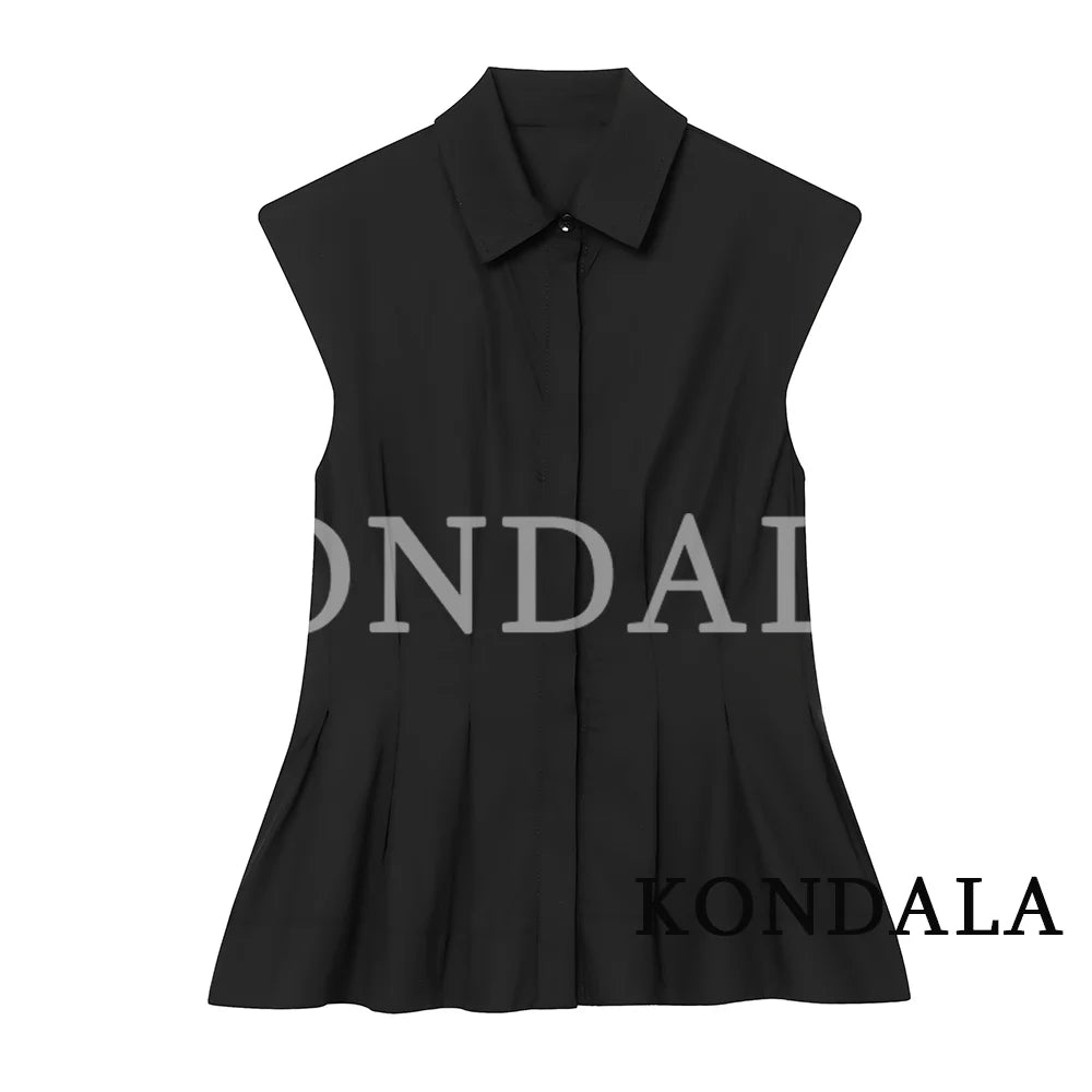 KONDALA Casual High Street Sleeveless Shirts Women Trendy Pleated Hem Shirts New 2026 Spring Summer Fashion Commute Vest Shirts