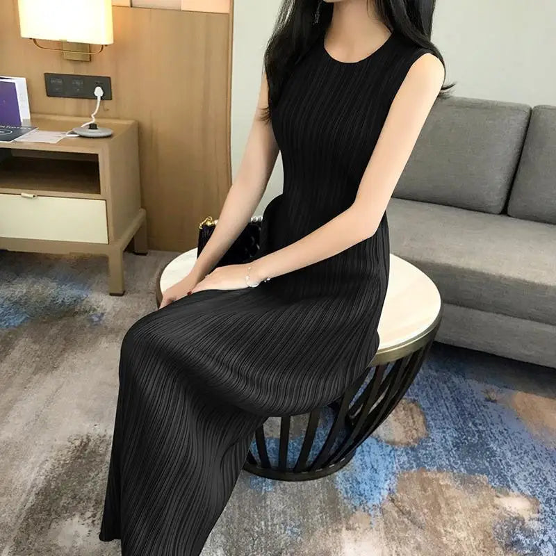 Miyake Pleated Dress Spring Summer Fashion Women Sleeveless Vest Dress High  Elastic Slim Long Vestidos Female Strap Dresses