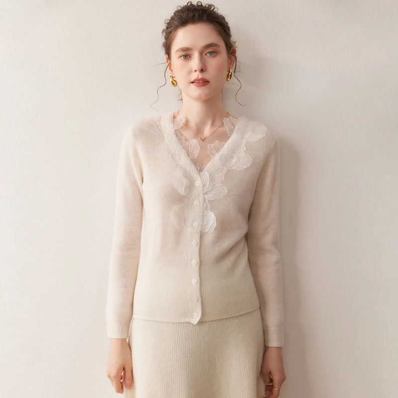 Luxury Women's 100% Cashmere Sweater Cardigans V-neck Knit Tops Autumn Winter Casual Leaf pattern lace cardigan Soft Knitwear