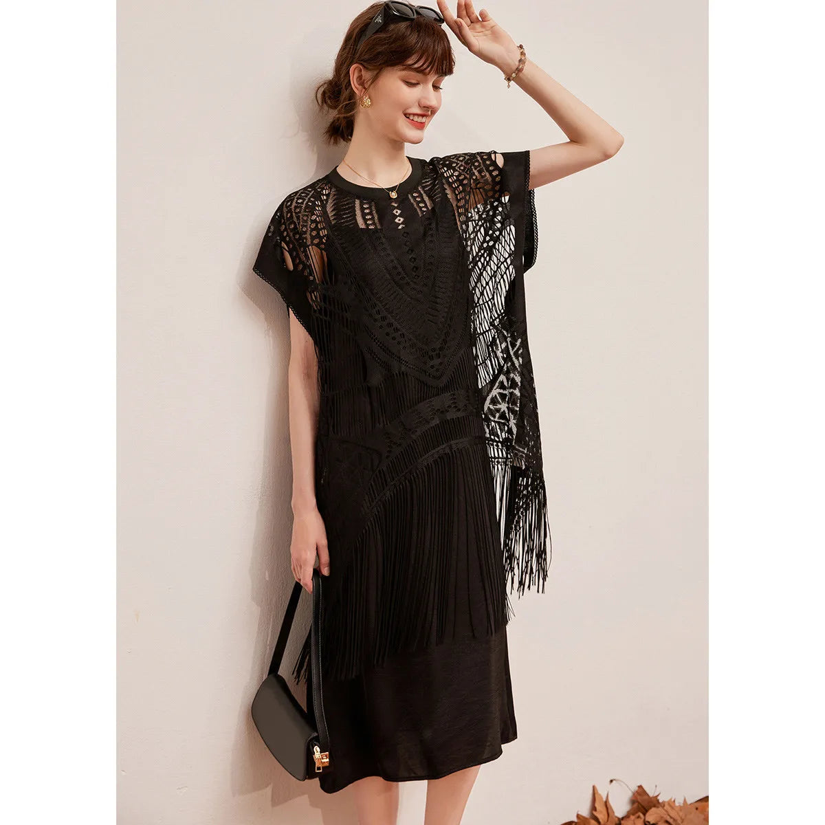 LOUIS YAO Dress Set Two-piece Set with Hollowed Out Lace Tassel Top and Elegant Camisole Dress Summer Dress for Women