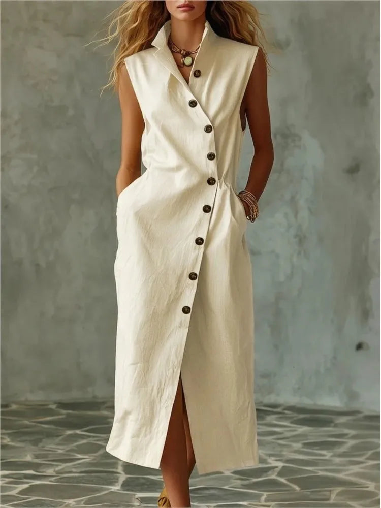 Women New Elegant Sundress Summer Single-breasted V Neck Sleeveless Long Dress Fashion Holiday Party Vestido Femme Casual Dress