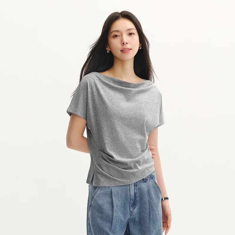 Semir Womens Tshirt 2026 Short Style Draped Neck Slit Ruched Slim Raglan Sleeve Casual Fashion