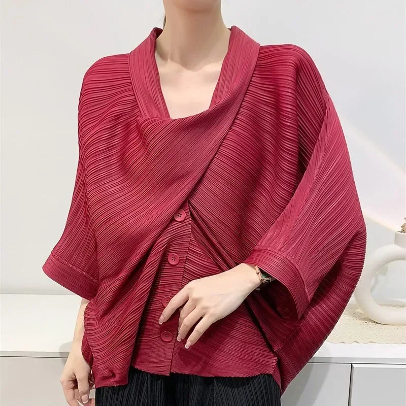 ALSEY Miyake Pleated Original Short Jacket for Women Spring Summer New Loose Casual Seven-minute Sleeve Scarf Collar Top