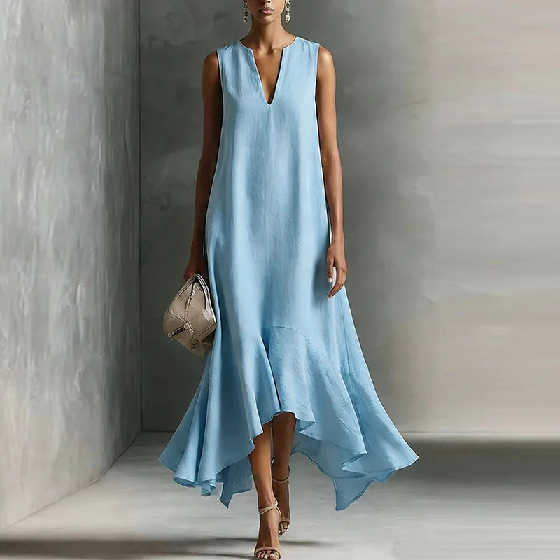Fashion Women Sleeveless V Neck Long Dress Ruffle Hem Irregular Sundress Summer Casual Loose Beach Holiday Dress Boho