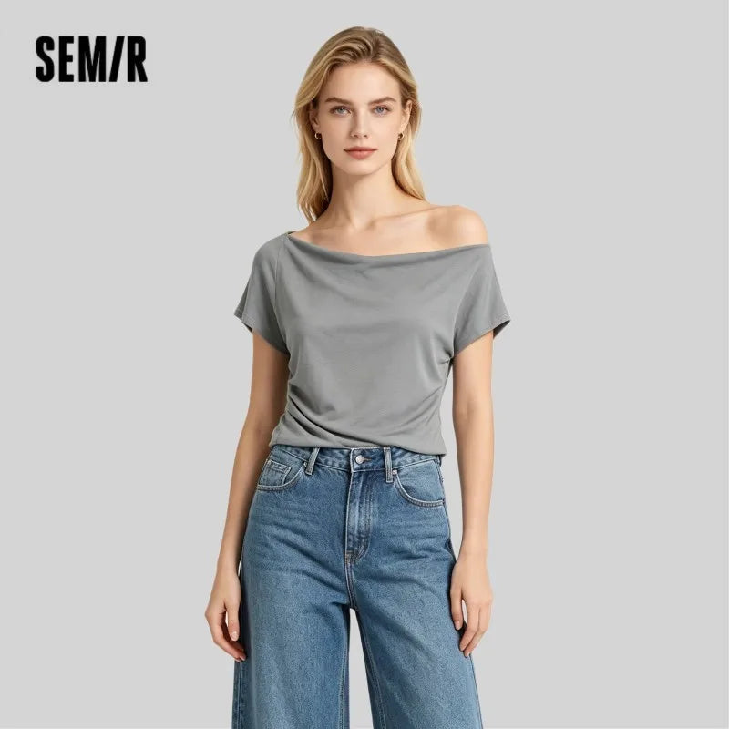 Semir Womens Tshirt 2026 Short Style Draped Neck Slit Ruched Slim Raglan Sleeve Casual Fashion