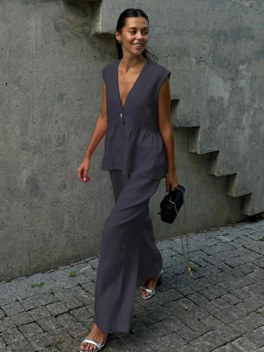 2 pieces women sets 2026 Cotton V-neck sleeveless top vest+long pants new solid color two-piece sets women's clothing