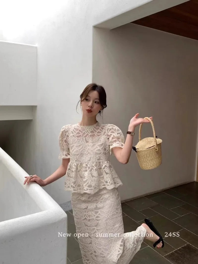 New Luxury High End Lace Two Piece Set Women Summer Fashion Hollow Out Embroidery Short Sleeve Patchwork Top + Slim Skirt Suit
