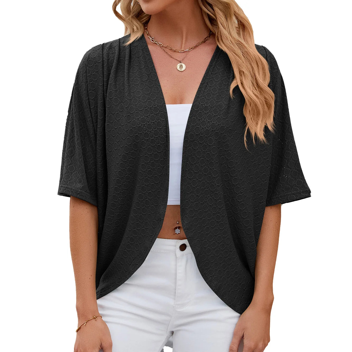2026 New spring Summer Fashion Ladies Hollow Out Cardigan solid color circle short-sleeved casual loose top Women Outwear