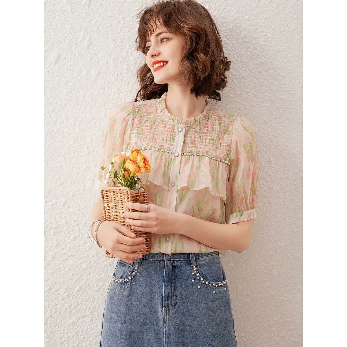 LOUIS YAO Women Shirt Elegant Print Beading Blouses Summer O Neck Short Sleeve Women's Top