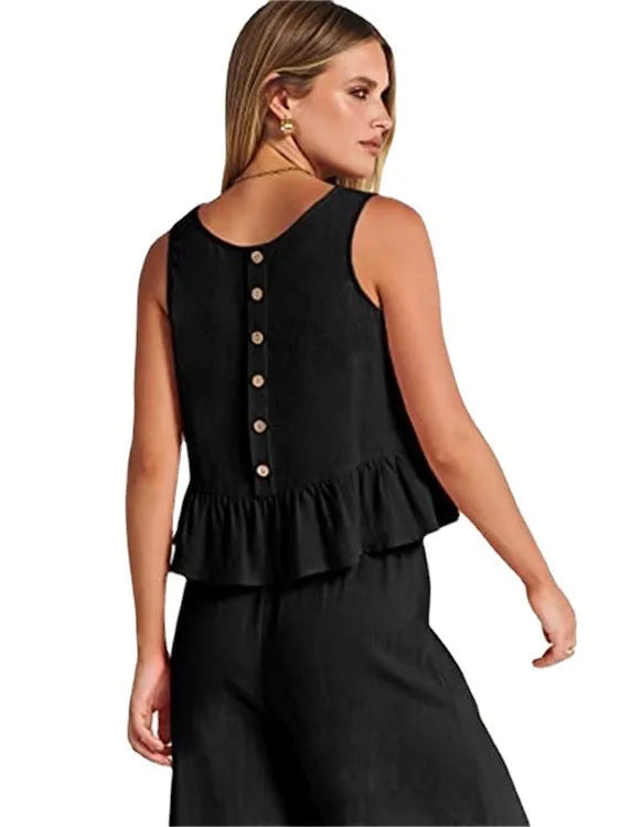 Women's New Summer Suit Solid Color Casual Sleeveless Pleated Round Neck Vest Button Wide Leg Nine-point Pants Two-piece Set