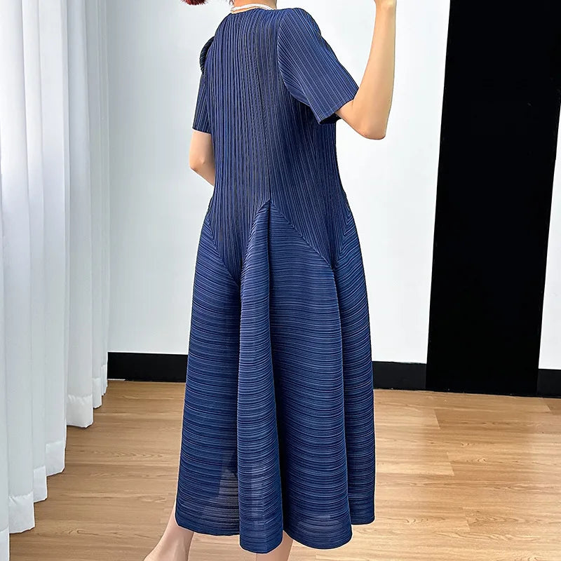 Miyake Y2k Pleated Women's Dress Bubble Short-sleeved Loose Slim Thin Medium-length Dresses for Women Summer New