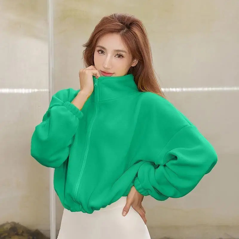 New Autumn Winter Clothes Warm High Waist Casual Sports Yoga Coat Fleece Fitness Short Jacket Slim Lady Zip Up Sweatshirt Women