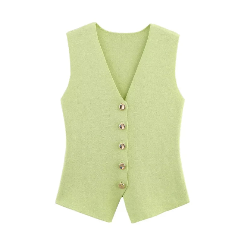 ETJ new women's elegant fashion all-match V-neck sleeveless vest jacket knitted waistcoat