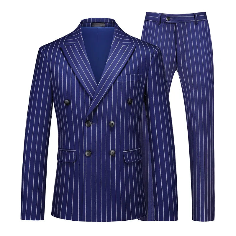 Fashion Men Double Breasted Striped Suit 2 Piece Black / Wine Red Party Blazers and Trousers
