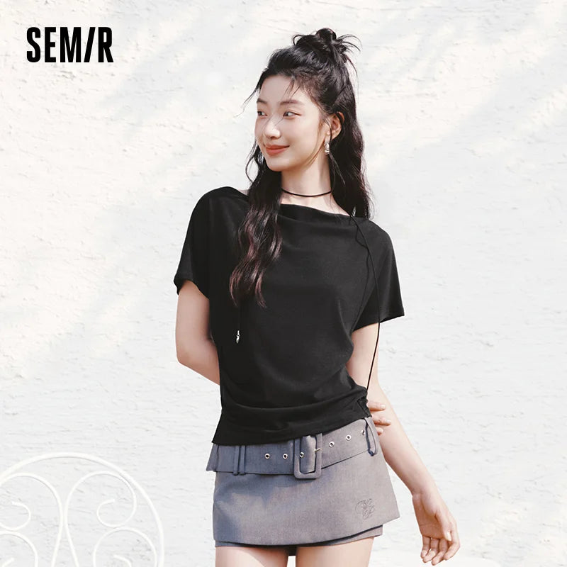 Semir Womens Tshirt 2026 Short Style Draped Neck Slit Ruched Slim Raglan Sleeve Casual Fashion