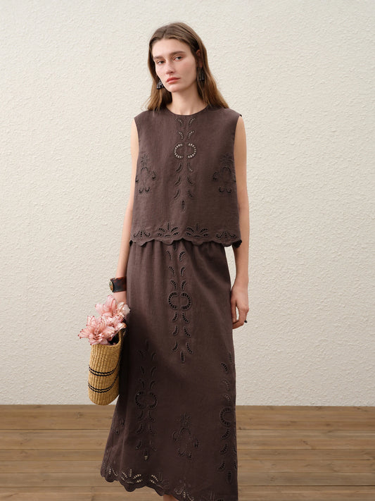 FSLE【Premium Series】Summer Women Linen Two Piece Set Cut-Out Embroidered Sleeveless Top Midi Skirt Boho Beach Vacation Style