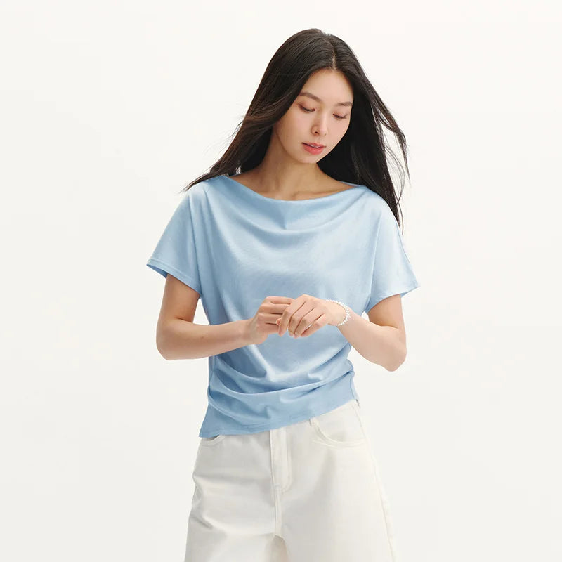 Semir Womens Tshirt 2026 Short Style Draped Neck Slit Ruched Slim Raglan Sleeve Casual Fashion