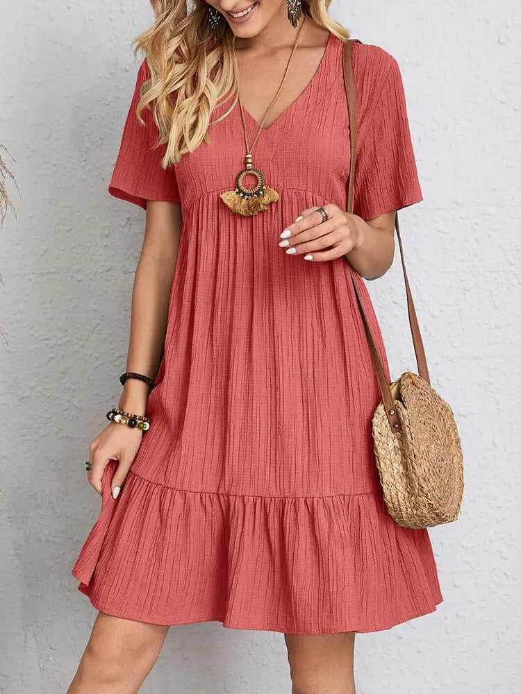 Elegant Solid V Neck A Line Dress New Summer Ruffles Loose Mini Dress Casual Short Sleeve Beach Party Vestidos Streetwear