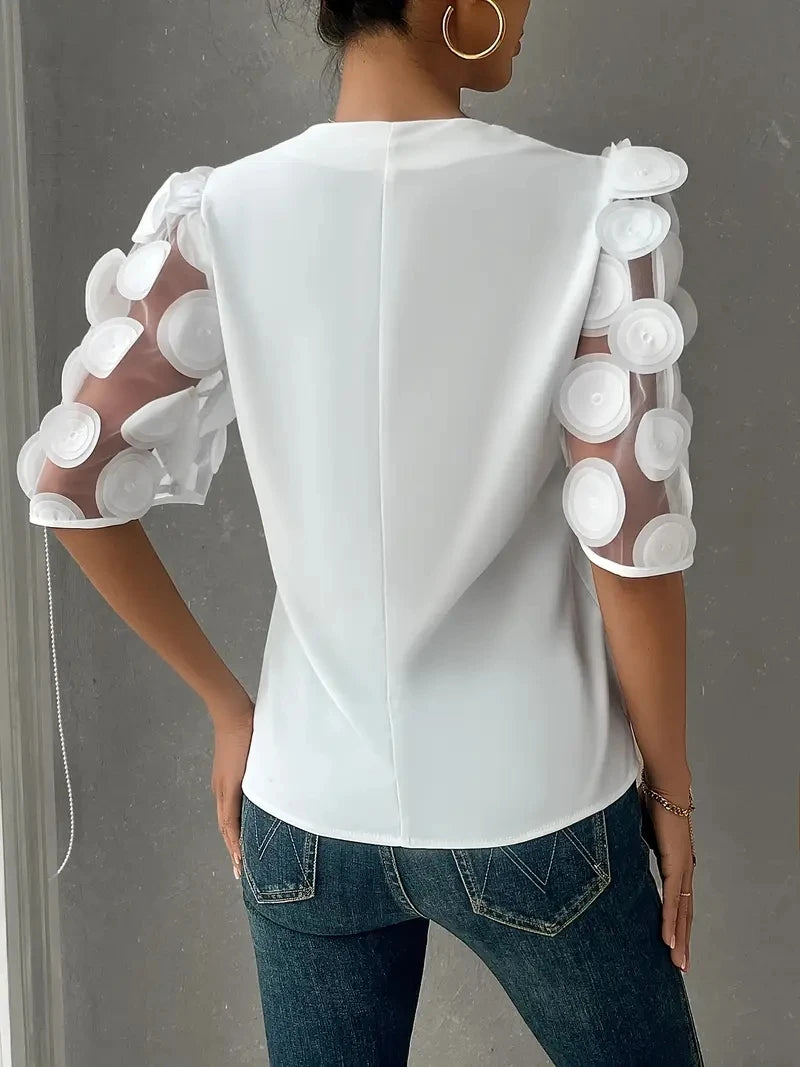 Women V Neck Blouse With Sheer Puff Sleeves And 3D Circle Appliques Casual Elegant Party Top