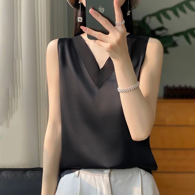 Silk Faux Thin Short Sleeve Tees All-Match Basic T-Shirt Slip Woman Summer Clothes Elegant Tops Solid Loose Casual Fashion