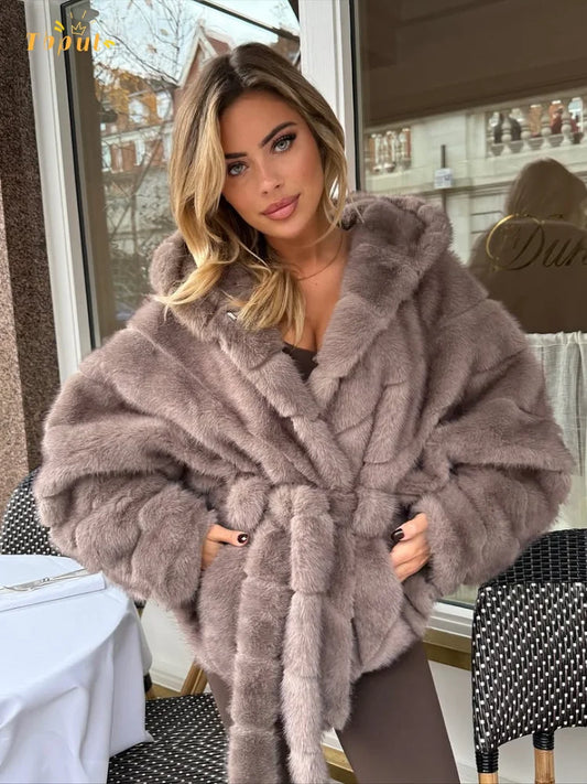 Luxury Hooded Lace Up Faux Fur Coat Women Elegant V-neck Long-sleeved Loose Warm Jacket Lady Winter Daily High Street Outerwear