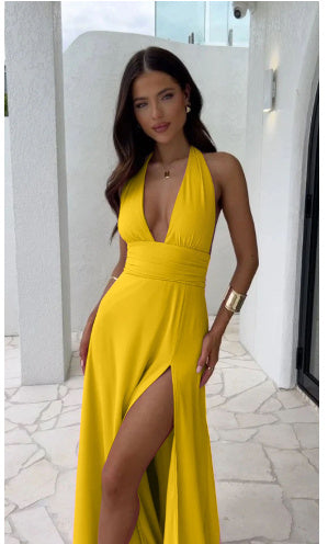 Sexy Halterneck V-neck Slit Dress Summer Strappy Skirt Fashion Temperament Clothing Women